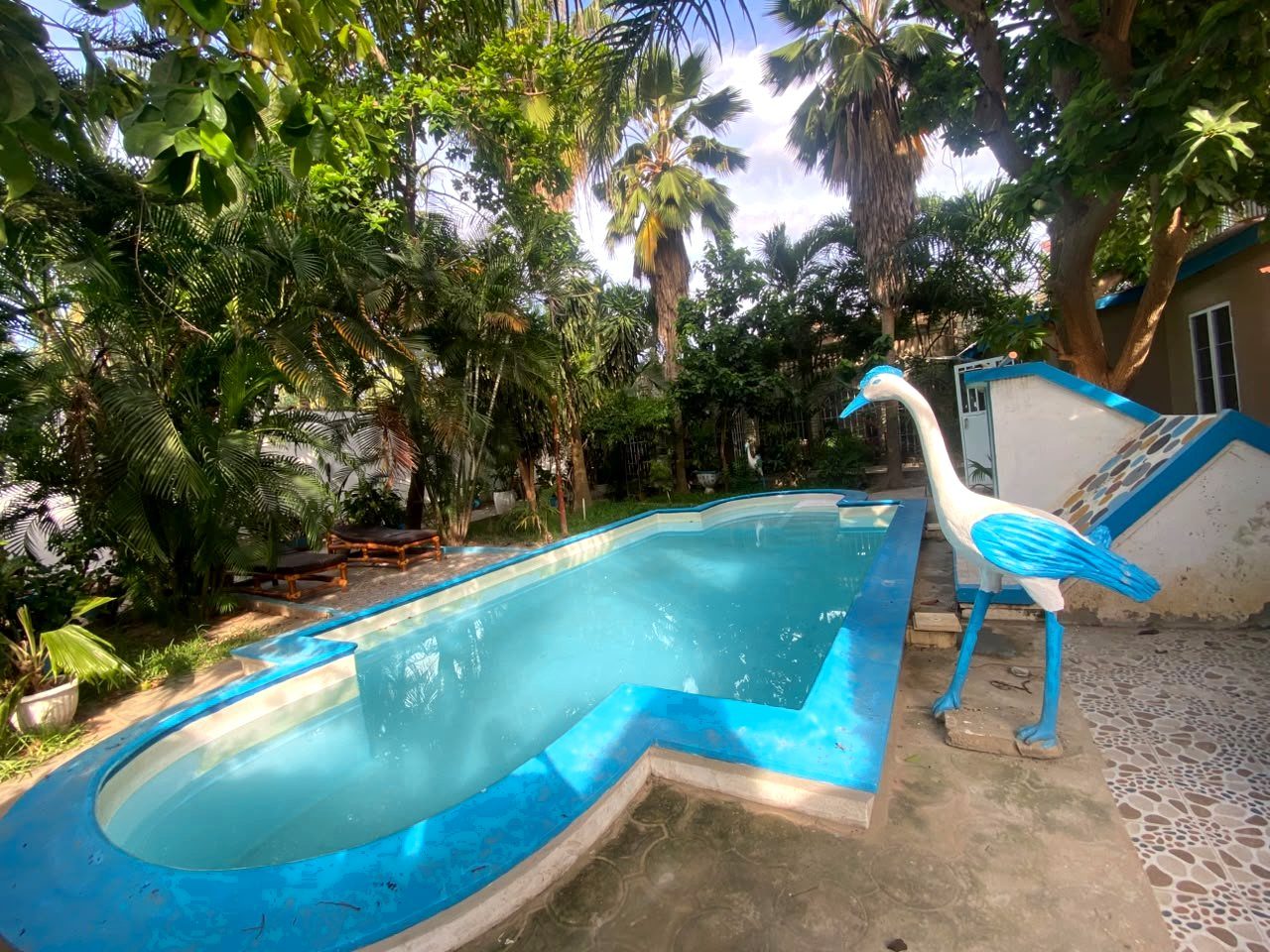 The pool with a heron statue in the garden